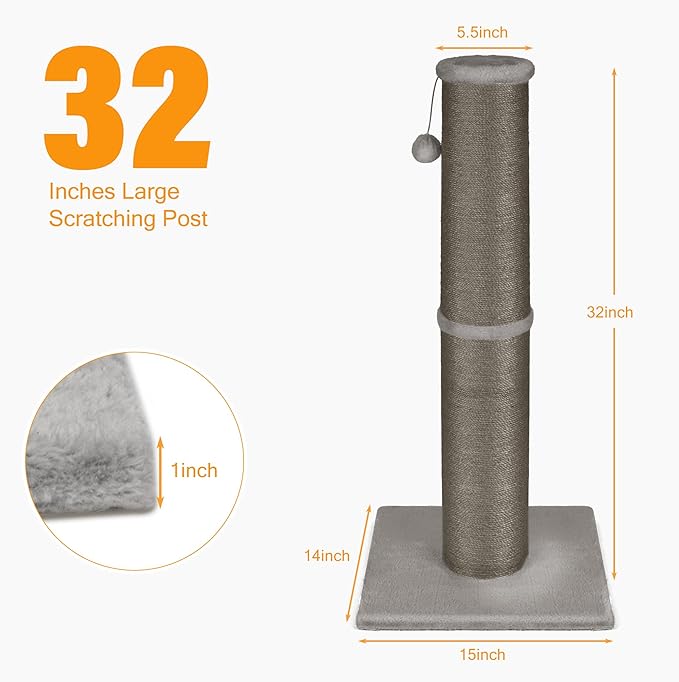 Cat Scratching Post 32 Inch High, 5.5 Inch Large Diameter Natural Sisal Cat Scratch Post, Scratch-Resistant and Durable Tall Cat Scratcher for Indoor Cats, Protect Your Furniture, Gery
