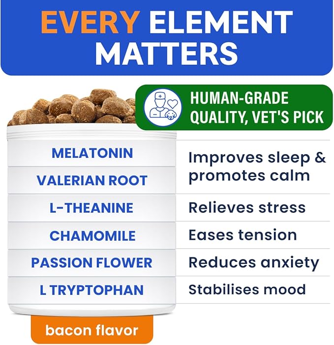 Bark&Spark Calming Melatonin for Dogs Sleep - 6mg Melatonin Chews for Small & Large Dogs Calm Aid - Calming Treats for Stress Anxiety Relief - Melatonin Chewable Pills & Tablets Puppies - Bacon