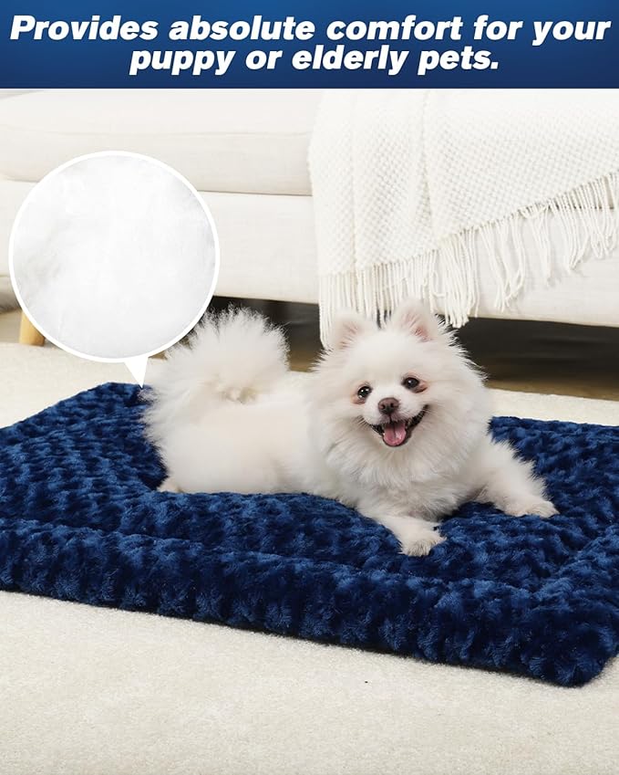 Washable Dog Bed Mat Reversible Dog Crate Pad Soft Fluffy Pet Kennel Beds Dog Sleeping Mattress for Large Jumbo Medium Small Dogs, 41 x 27 Inch, Blue