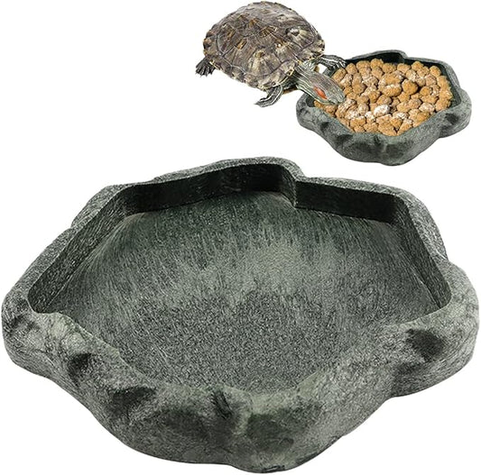 Reptile Water Dish Bowl Resin Rock Reptile Food and Water Feeder Pet Aquarium Ornament Terrarium Plate for Tortoise Lizard (Dark Green Small)