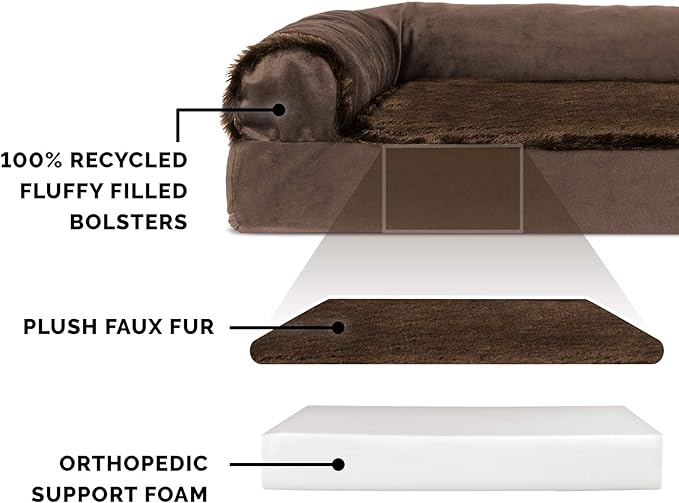 Furhaven Orthopedic Dog Bed for Large Dogs w/ Removable Bolsters & Washable Cover, For Dogs Up to 125 lbs - Plush & Velvet L Shaped Chaise - Sable Brown, Jumbo Plus/XXL