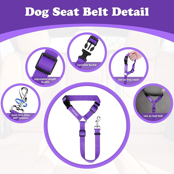 BWOGUE 2 Packs Dog Cat Safety Seat Belt Strap Car Headrest Restraint Adjustable Nylon Fabric Dog Restraints Vehicle Seatbelts Harness Purple