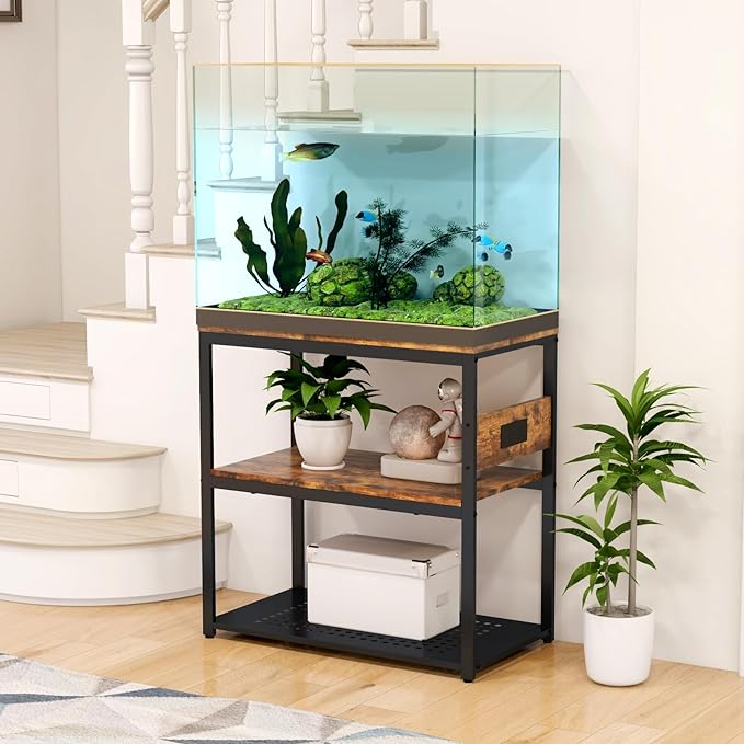 20-29 Gallon Fish Tank Stand With Power Outlets, 3-Tier Metal Aquarium Stand, Breeder Reptile Tank Stand with Shelf for Home Office, 500LBS Capacity, 29.5 x 15.8 x 30.1 inches