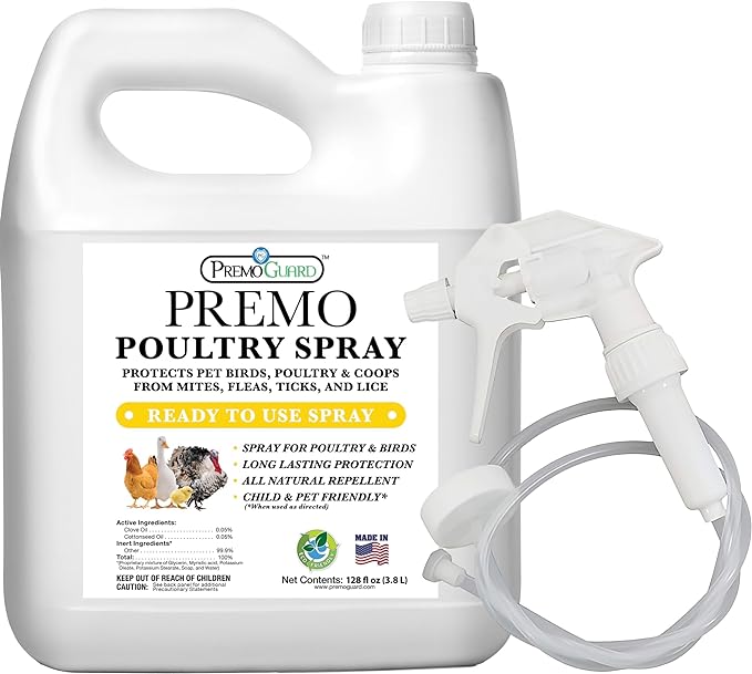 Poultry Spray by Premo Guard – Treat Mites, Fleas, Flies, and Lice – Fast Acting & Effective – Chicken, Turkey, Waterfowl, and Birds – Best Natural Protection for Control & Prevention – 128 oz