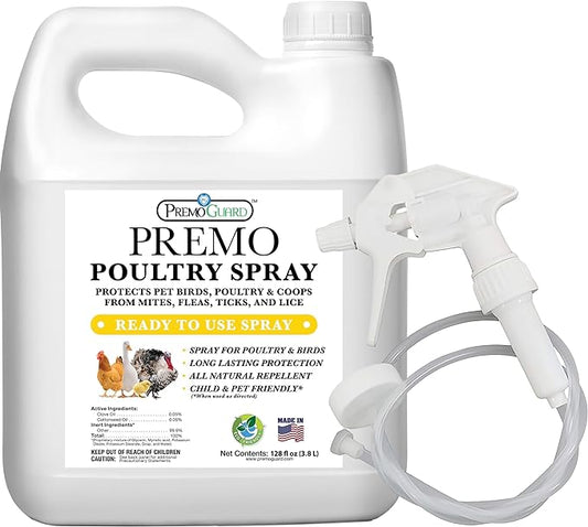 Poultry Spray by Premo Guard – Treat Mites, Fleas, Flies, and Lice – Fast Acting & Effective – Chicken, Turkey, Waterfowl, and Birds – Best Natural Protection for Control & Prevention – 128 oz