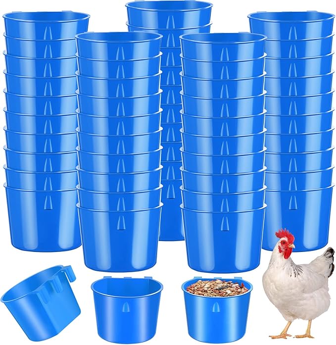 60 Pieces Cage Cups Birds Hanging Feeders Seed Bowl 8 oz Plastic Chicken Feeder Water Bowl Hanging Chicken Waterer Chicken Feeding Watering Dish Coop Cups for Gamefowl Parrot Parakeet (Blue)