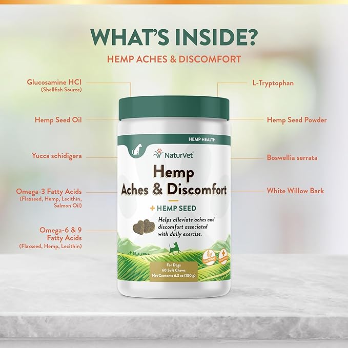 NaturVet Hemp Aches & Discomfort Plus Hemp Seed for Dogs, 60 ct Soft Chews, Made in The USA