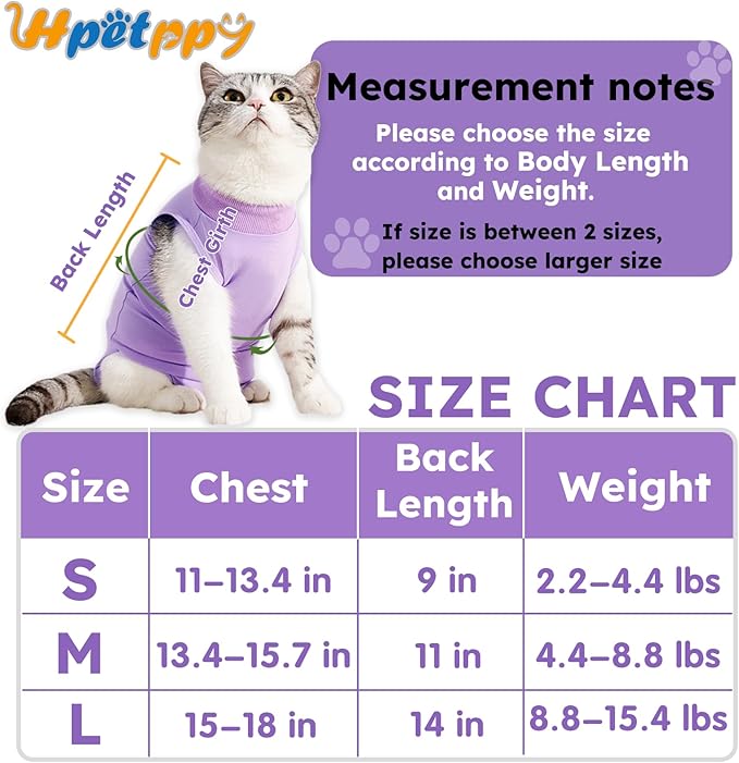 Cat Recovery Suit for Spay Abdominal Wound, Breathable Kitten Onesie for Cats After Surgery, Anti Licking Cat Cone Alternative, Pet Surgery Recovery Shirt-Purple(L)