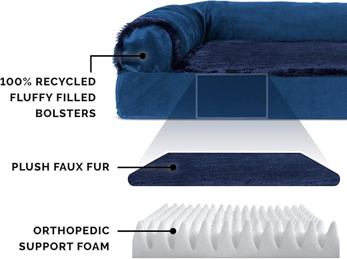 Furhaven Orthopedic Dog Bed for Large Dogs w/ Removable Bolsters & Washable Cover, For Dogs Up to 95 lbs - Plush & Velvet L Shaped Chaise - Deep Sapphire, Jumbo/XL