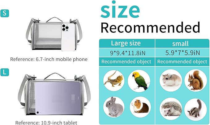 Guinea Pig Carrier Travel Small Animal Carrier Bag Lizard Bird Rabbit Carrier Cage Squirrel Breathable Bag Portable Travel Hamster Small Pet Hangbag (Small, gray)