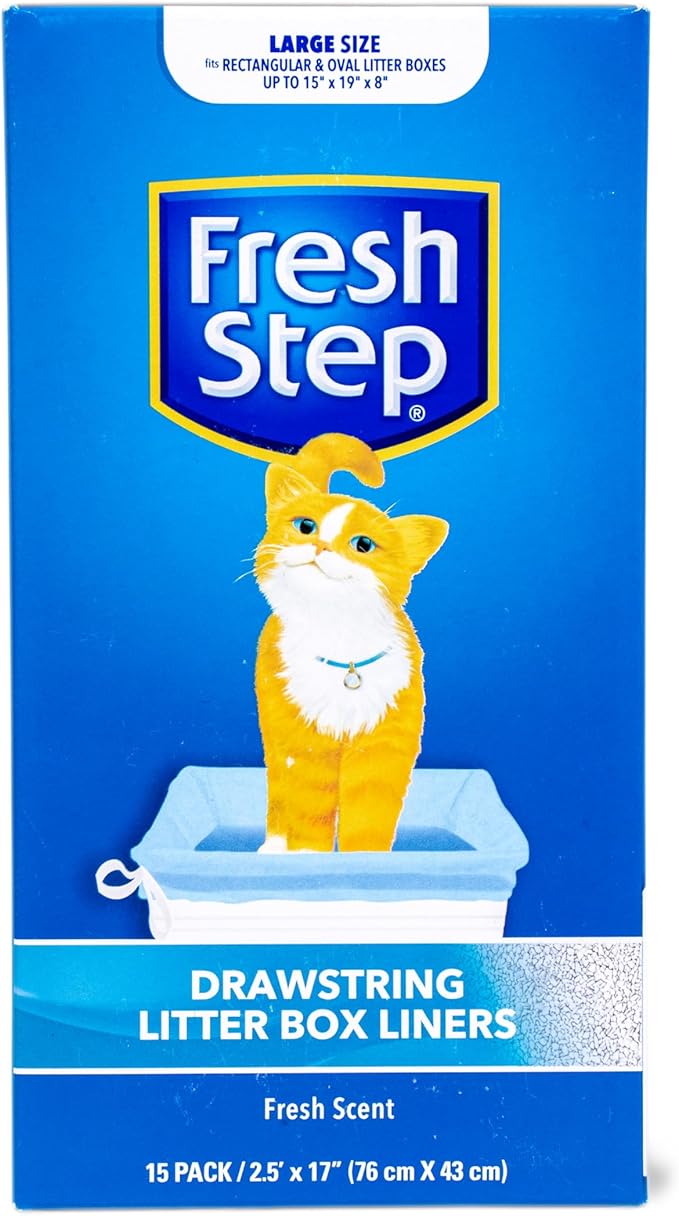 Fresh Step Drawstring Cat Litter Box Liners, Fresh Scent, Size Large, 30" x 17" | Kitty Litter Bags - Cat Litter Liners for Rectangle or Oval Litterboxes, 15 Count - 12 Pack