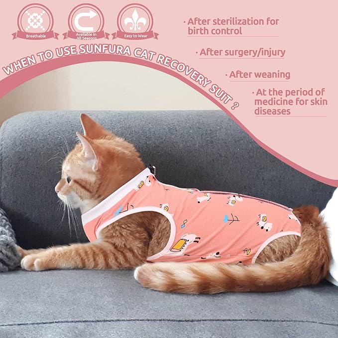 SUNFURA Cat Recovery Suit, Kitten Surgical Full Bodysuit for Abdominal Wound Protector Anti Licking After Surgery, Professional Bandages Cone E-Collar Alternative for Small Male & Female Pets