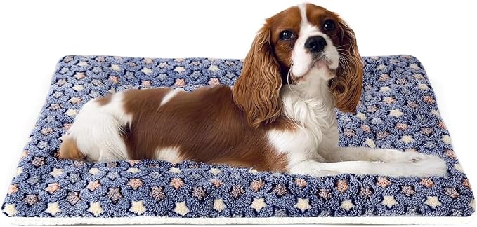 Mora Pets Dog Bed Crate Pad Ultra Soft Pet Bed with Cute Star Print Washable Crate Mat for Large Medium Small Dogs Reversible Fleece Dog Crate Kennel Mat Cat Bed Liner 23 x 18 inch Dark Blue