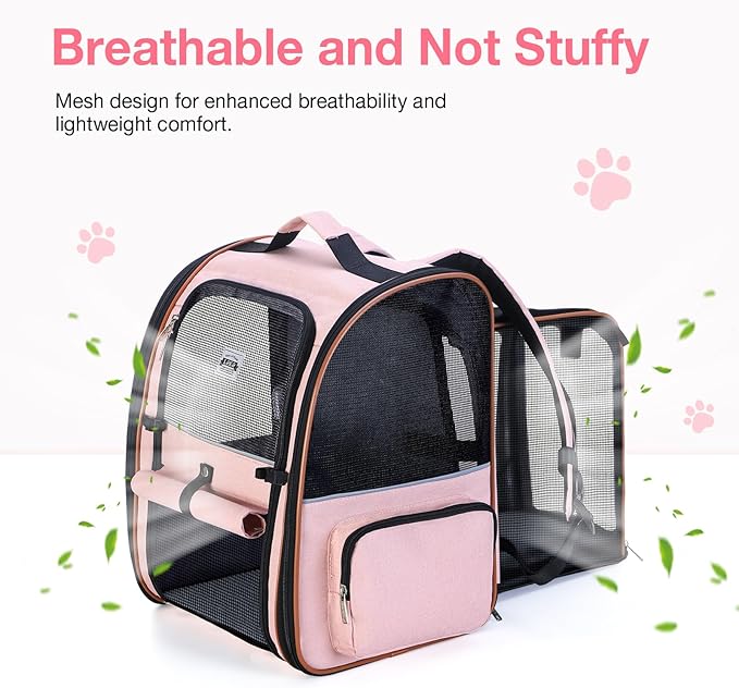 Lekebobor Extra Large Cat Backpack Carrier Expandable Pet Carrier Backpack for Small Dogs Medium Cats Fit Up to 18 Lbs, Dog Backpack Carrier, Foldable Puppy Backpack Carrier for Travel, Hiking,Pink