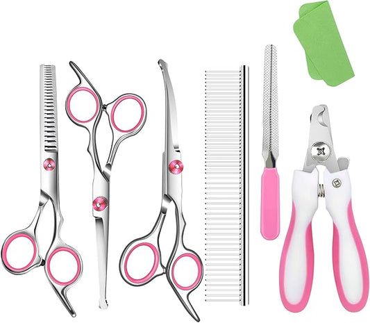 Pink Dog Grooming Scissors with Safety Round Tip,Pet Grooming scissors Kit,Dog Shears kit,Incudes Thinning,Curved,Straight Grooming Scissors，Nail Clippers,Nail File and Comb for dogs,cats.