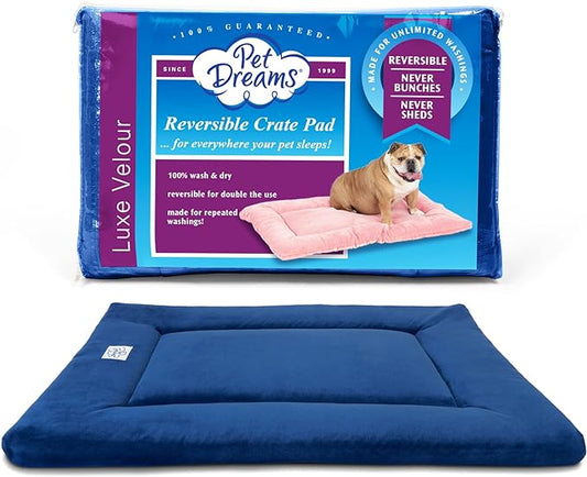 Pet Dreams Dog Crate Pad is The Original Dog Crate Bed, Kennel Mat, Washable, Crate Pads for Dog Cages, Kennel Bed, Non Toxic, Reversible, Perfect Cat Bed for Indoor Cats (Blue, XL 42 Inch)