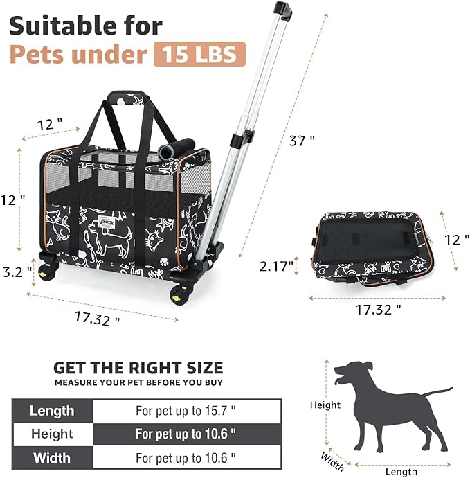 Lekereise Cat Carrier with Wheels for Small Pet, Airline Approved Dog Carrier with Wheels, Rolling Dog Cat Carrier, Black with Pattern