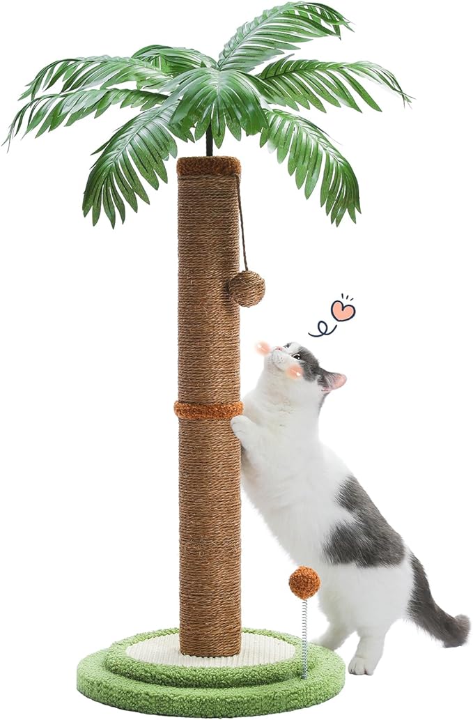 PETEPELA Cat Scratching Post, 33" Tall Cat Scratcher for Large Cats with Interactive Balls& 100% Sisal Covered Kitten Scratch Posts for Indoor Cats(Brown)