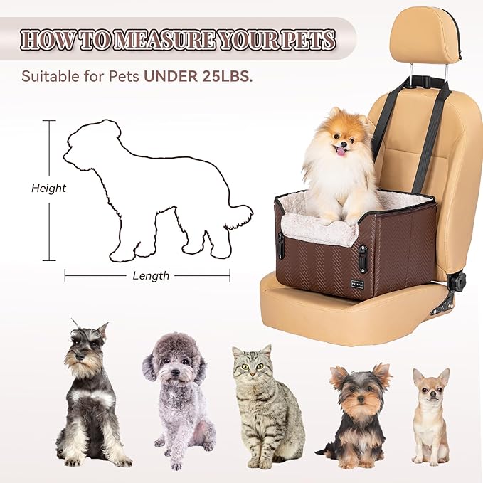 PETSFIT Car Seat for Dogs, Waterproof PU Leather Dog Car Seat for Small Dogs with Patent Safe Buckles, Clip-On Leash, Pet Travel Carrier Bed for Small Pets Up to 25lbs (Brown)