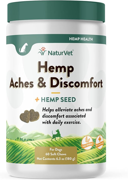 NaturVet Hemp Aches & Discomfort Plus Hemp Seed for Dogs, 60 ct Soft Chews, Made in The USA