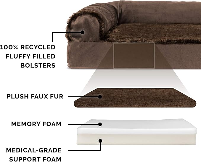Furhaven Memory Foam Dog Bed for Large/Medium Dogs w/ Removable Bolsters & Washable Cover, For Dogs Up to 55 lbs - Plush & Velvet L Shaped Chaise - Sable Brown, Large