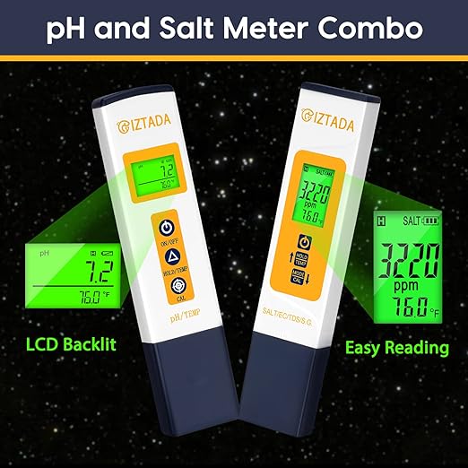 pH Meter and Salinity Meter Combo for Saltwater Pool 6 in 1 pH Salt SG EC TDS Temp Meter for Reef Aquarium Seawater Tank Koi Fish Pond PPM and pH Water Tester for Hydroponics Nutrients Growing