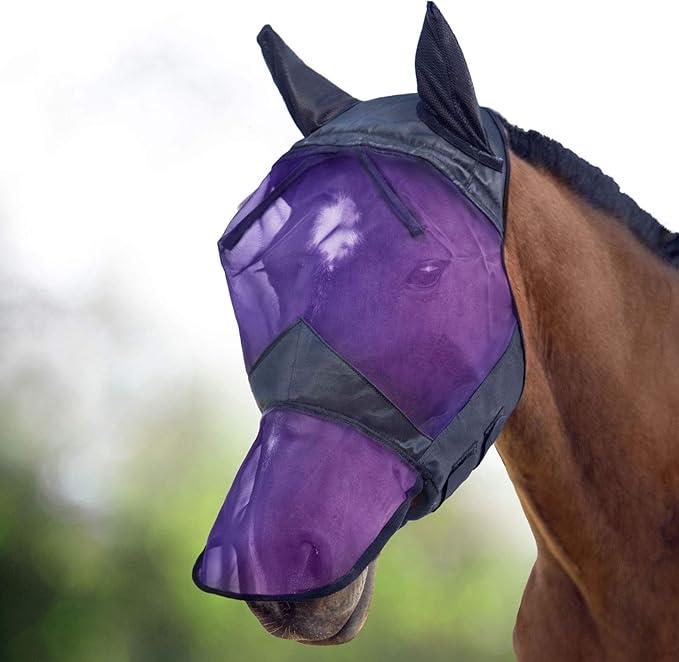 Harrison Howard CareMaster Horse Fly Mask Long Nose with Ears Full Face Black/Purple Retro XL Extra Full Size