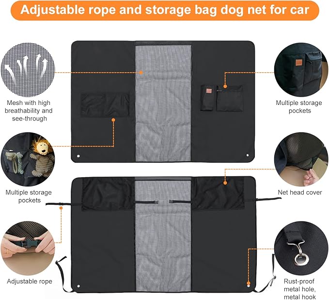 LOOBANI Upgraded Dog Car Barrier with Enhanced Visibility Mesh, 57" Wide - Fits Medium to Large SUVs & Cars, Dog Car Net with Adjustable Rope & Storage Bag for Safe Kids/Pet Travel