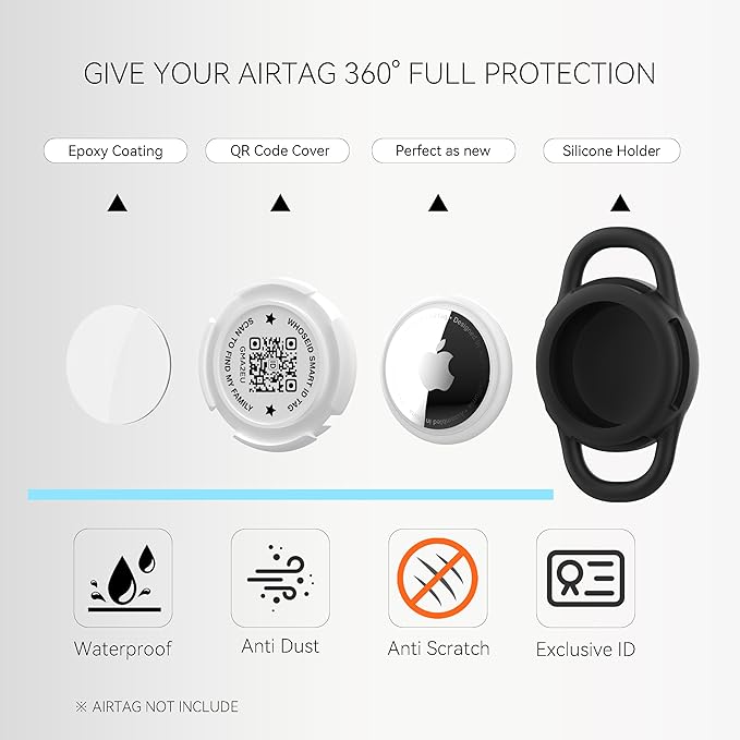 QR Code Airtag Holder, Scan QR Code Send Location Alert Email, Waterproof Full Body Protection Anti-Lost Air Tag Case, Airtag Accessories for Dog, Cats, Collar, Backpack (Black, Small)