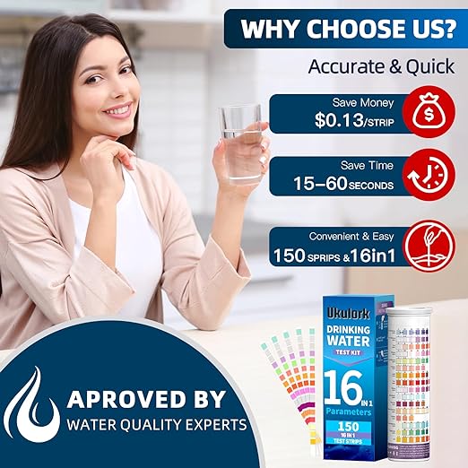 16 in 1 Home Water Testing Kits for Drinking Water -150 Strips for Swimming Pool, Aquarium, Spa, Tap, Well Water - Testing for pH, Lead, Hardness, Chlorine, Iron, Copper,etc