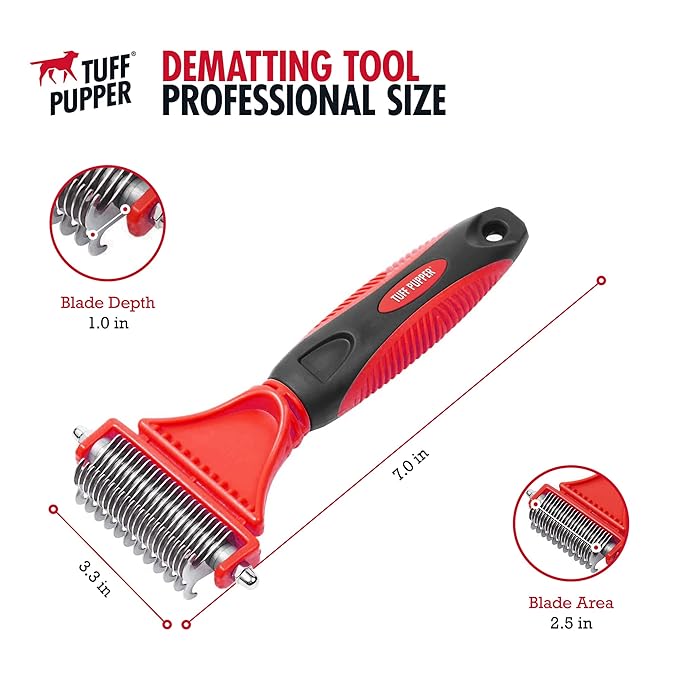 Tuff Pupper Dual Sided Dematting Comb | Convenient 12+23 Teeth Easily Removes Loose Fur Undercoat, Matting and Tangled Hair | Safe Comfortable Grooming Tool for Medium and Long Haired Cats Dogs Brush