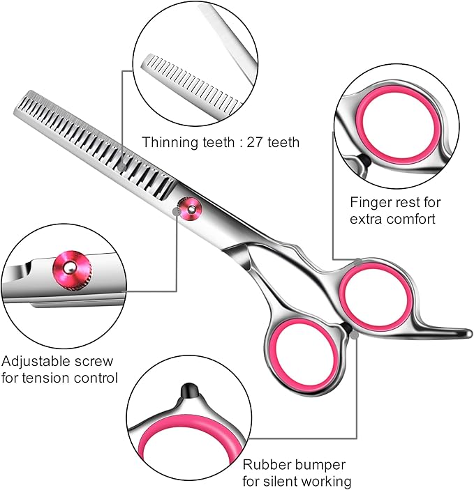 Pink Dog Grooming Scissors with Safety Round Tip,Professional Dog Grooming Kit,Dog Hair Shears Set,Incude Thinning Curved Straight Scissors and Comb for Pets.Suitable for The Right Hand