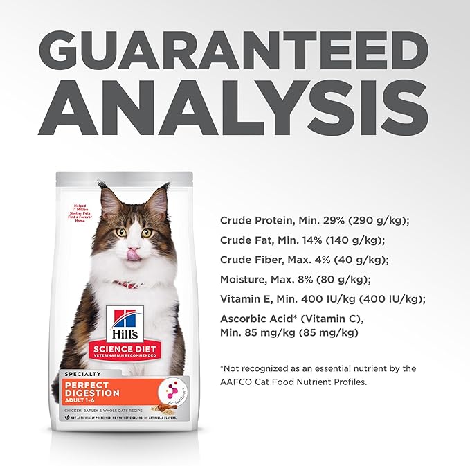 Hill's Science Diet Perfect Digestion, Adult 1-6, Digestive Support, Dry Cat Food, Chicken, Brown Rice, & Whole Oats, 13 lb Bag