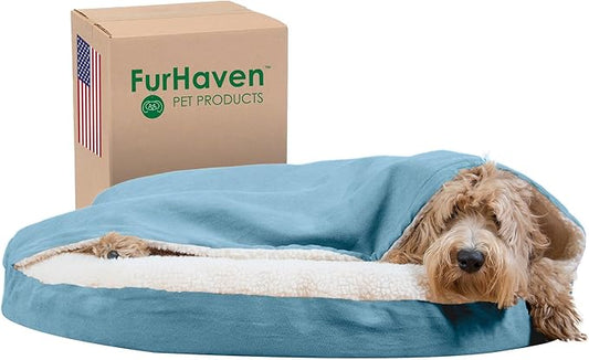 Furhaven 35" Round Orthopedic Dog Bed for Large/Medium Dogs w/ Removable Washable Cover, For Dogs Up to 50 lbs - Sherpa & Suede Snuggery - Blue, 35-inch