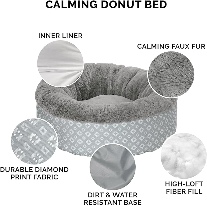 Furhaven Dog Plush Donut Bed, 36' Round, Gray, Large, 75 lbs Capacity, Recycled Fill, Removable Cover