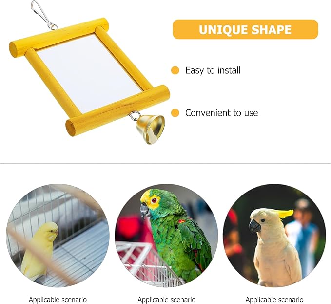 Bird Mirror Toy Wooden Parrot Toy with Bell Bird Cage Hanging Toys Accessory (Yellow)