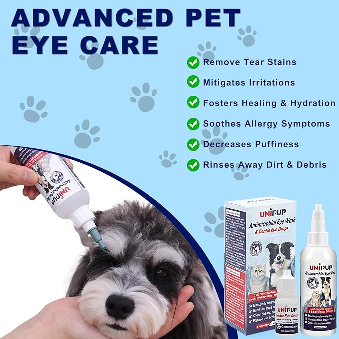 Dog Eye Wash 3.38 fl. oz and Eye Drops 0.34 fl. oz Set for Dogs and Cats to Flush and Soothe Eye Irritations, Dog Tear Stain Cleaner, for Allergies, Mucus, Irritation and Weepy Eyes