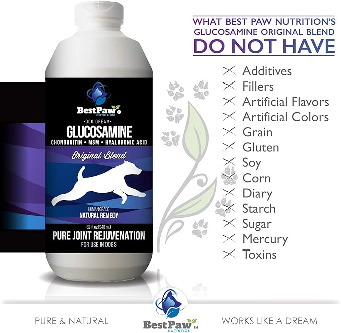 Best Paw Nutrition Liquid Glucosamine Chondroitin for Dogs - Hip Dysplasia & Joint Pain Relief - Canine Health Food Supplement - Natural Pet Vitamins with MSM for Dog Mobility Support - 32oz