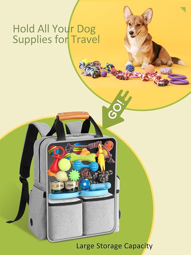 Dog Travel Bag, Airline Approved Organizer Backpack with Multi-Function Pockets, 25L Accessories Set with 2 Food Storage Containers, 2 Foldable Bowls for Weekend