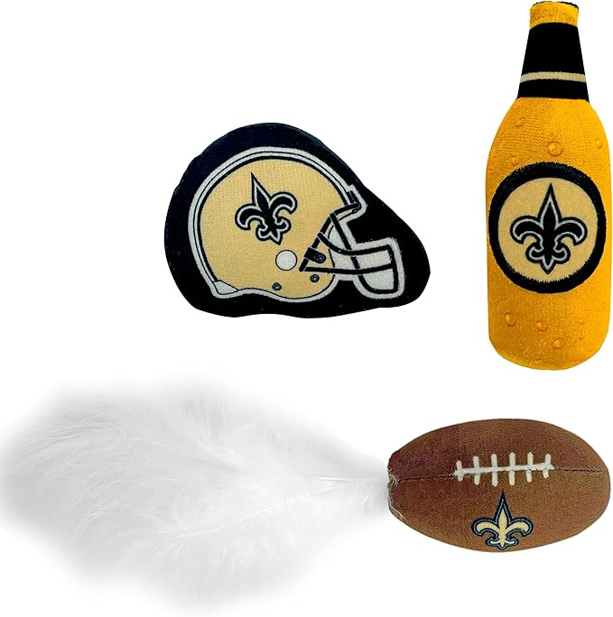 BEST PLUSH CAT TOY: NFL NEW ORLEANS SAINTS Complete Set of 3 piece Cat Toys filled with Fresh Catnip. Includes: 1 Helmet Cat Toy, 1 Football Cat Toy with Feathers & 1 Beer Bottle. Beautiful Team LOGOS