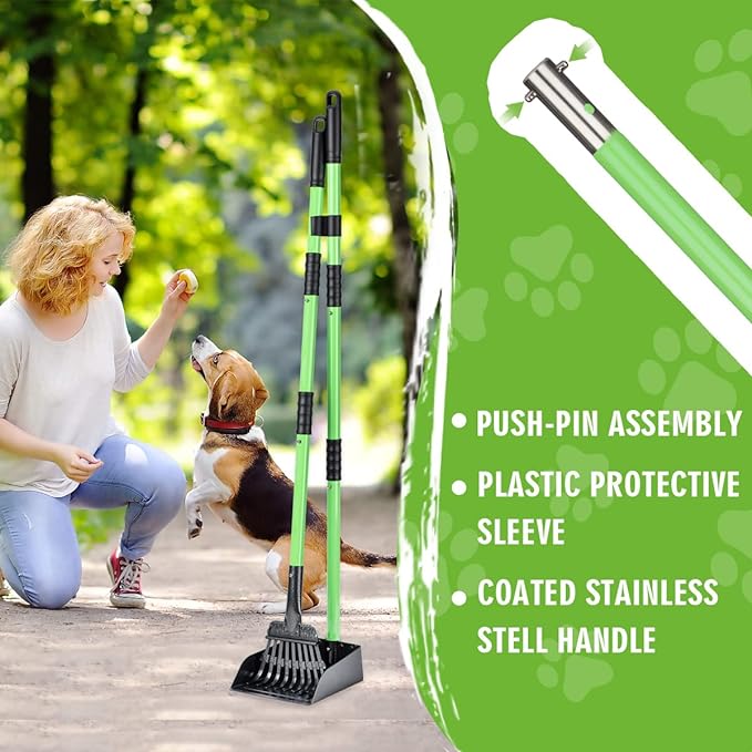 Pooper Scooper, Dog Pooper Scooper Long Handle Stainless Metal Tray and Rake Set for Medium Small Dogs Heavy Duty - Use on Grass, Dirt or Gravel - Pet Supplies (Green)