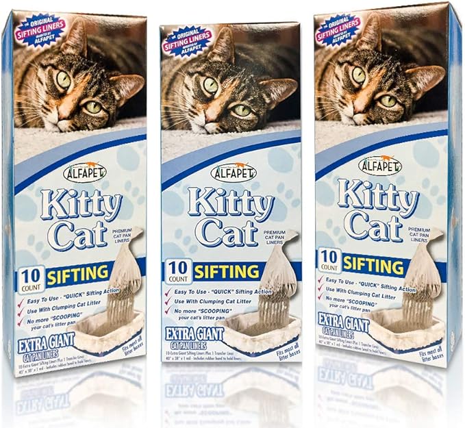 Alfapet Kitty Cat Pan Disposable, Sifting Liners- 10-Pack + 1 Transfer Liner-For Large, X-Large, Giant, Extra-Giant Size Litter Boxes-Included Rubber Band for Firm, Easy Fit - Pack of 3