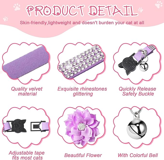 Cat Collars,Rhinestone for Girl Cats Bling Kitten Flower Adjustable Breakaway Collar with Bell Soft Velvet Leather Collar for Puppy Small Dogs (Purple)