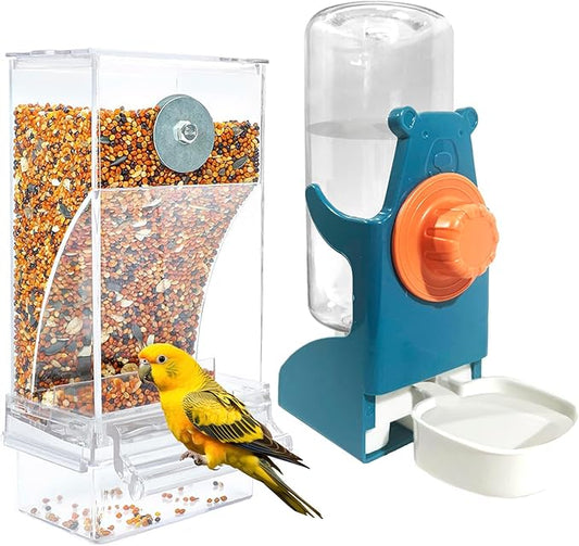 No Mess Bird Feeders with Water Dispenser Automatic Transparent Acrylic Food Container Drinker for Cage Automatic Parrot Feeder Seed Container Cage Accessories (Blue)