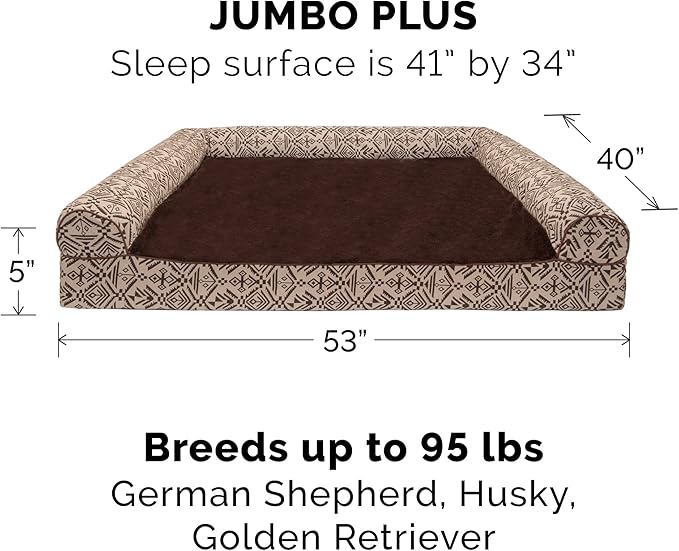 Furhaven Orthopedic Dog Bed for Large Dogs w/ Removable Bolsters & Washable Cover, For Dogs Up to 125 lbs - Plush & Southwest Kilim Woven Decor Sofa - Desert Brown, Jumbo Plus/XXL