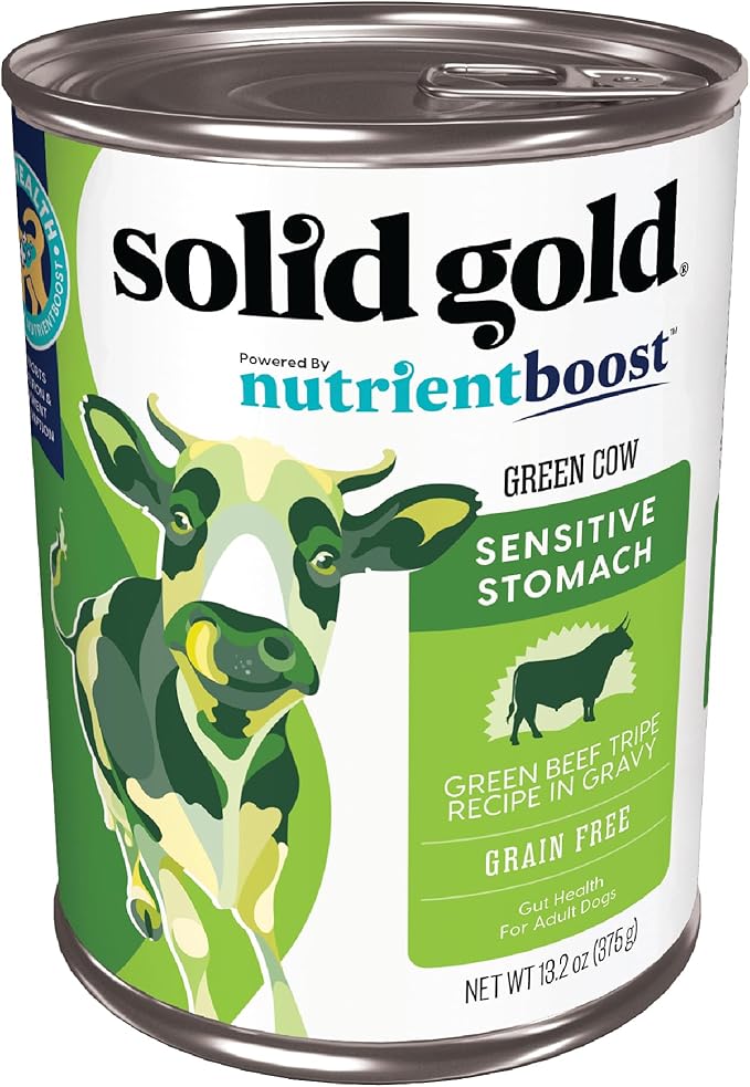 Solid Gold Green Cow Wet Dog Food Mix in for Adult & Senior Dogs for Picky Eaters - Canned Dog Food Additive to Mix with Kibble - Beef Tripe for Sensitive Stomachs - Single 13.2 oz Can