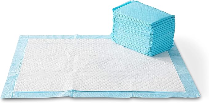 Amazon Basics Dog and Puppy Pee Pads with Leak-Proof Quick-Dry Design for Potty Training, Heavy Duty Absorbency, X-Large, 28 x 34 Inches, Pack of 50, Blue & White