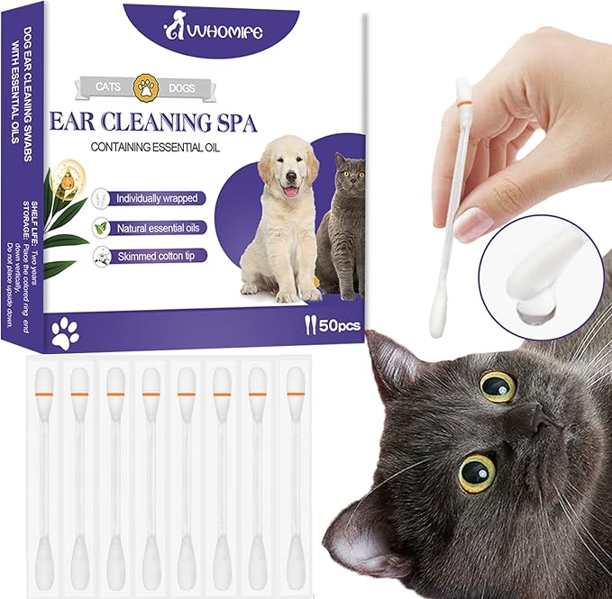 2-in-1 Pet Ear Cleaning Liquid Swabs - Cat & Dog Ear Cleaner Solution - Gentle & Effective Ear Care - for Daily Ear Cleaning Removes Wax, Dirt, & Odor