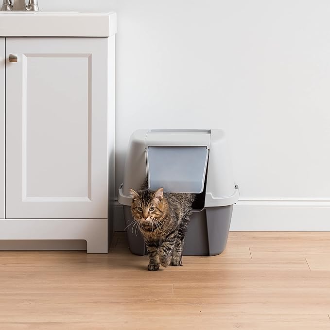 IRIS USA Jumbo Cat Litter Box Enclosure with Front Door Flap and Scoop, Hooded Kitty Litter Tray with Handle and Buckles for Portability and Privacy, Gray