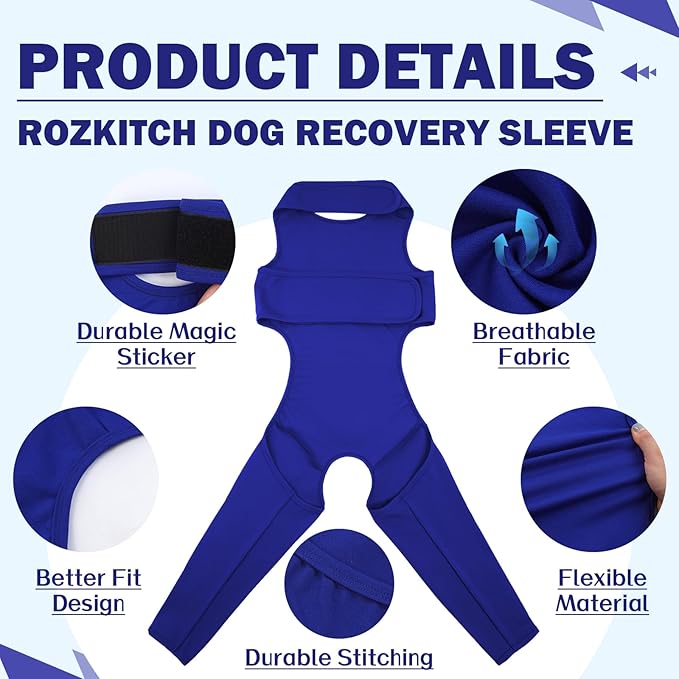 ROZKITCH Dog Surgery Recovery Sleeve Rear Right Left Leg, Pet Prevent Licking Wound Elbow Brace Protector, Dog Recovery Suit Cone Collar Alternative for Sprain ACL CCL Arthritis Joint Care Blue S